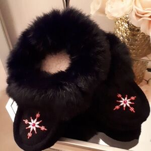 Black Suede Genuine Fur Slippers with Hot Pink Embroidery